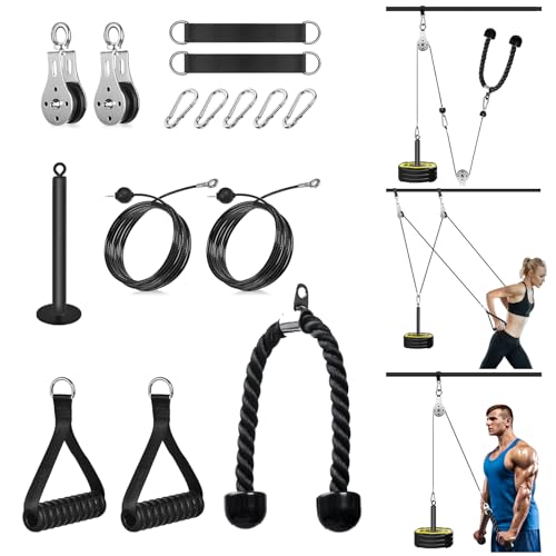 Poleas Gimnasio, Sistema de Poleas Gimnasio para Casa Doble Polea Gym con Manija Fitness y Cuerda Triceps Cable Máquina de Musculacion en Casa Entrenamiento de Fuerza del Brazo