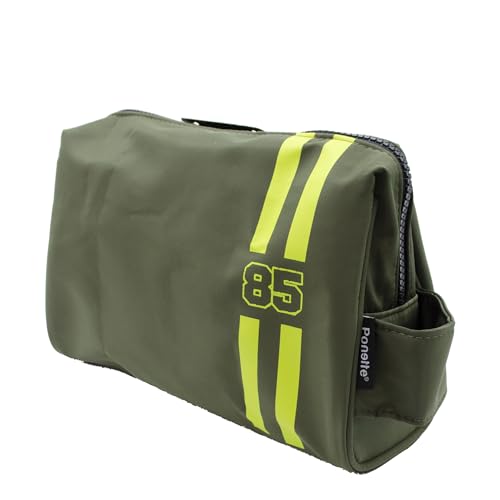 PONETTE - Neceser de Caballero con Asa Lateral en Tejido Tipo Gabardina en Color Verde Militar con Detalle de Rayas y Números, Hombre, Bolsa Aseo, Viaje, Cremallera, Gimnasio, Chico, Marca Española