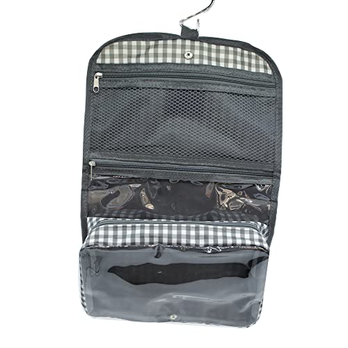 PONETTE - Neceser de Mujer de Percha en Estampado de Cuadros Vichy en Color Gris Antracita y Blanco, Neceser con Gancho para Colgar, Ideal Viajes, Gimnasio, Organizador, Marca Española