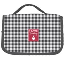 PONETTE - Neceser de Mujer de Percha en Estampado de Cuadros Vichy en Color Gris Antracita y Blanco, Neceser con Gancho para Colgar, Ideal Viajes, Gimnasio, Organizador, Marca Española