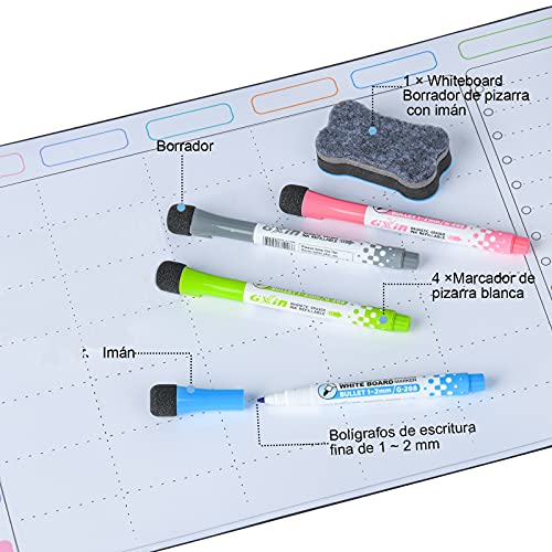 POPRUN Planificador semanal magnetico frigorifico, Pizarra calendario semanal nevera magnético familiar,organizador calendario semanal,limpiable, 43×28cm - en español