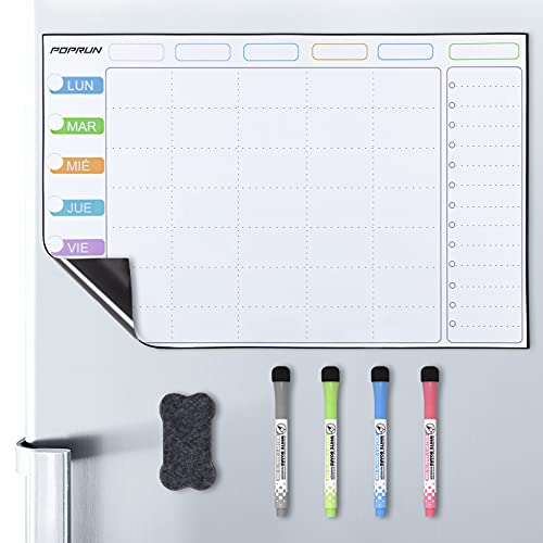 POPRUN Planificador semanal magnetico frigorifico, Pizarra calendario semanal nevera magnético familiar,organizador calendario semanal,limpiable, 43×28cm - en español