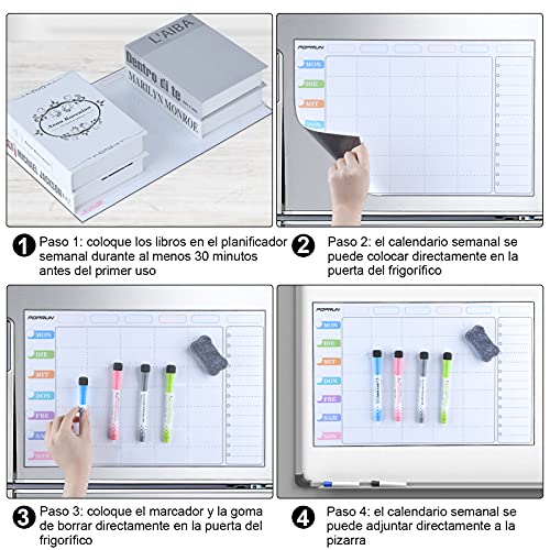 POPRUN Planificador semanal magnetico frigorifico, Pizarra calendario semanal nevera magnético familiar,organizador calendario semanal,limpiable, 43×28cm - en español