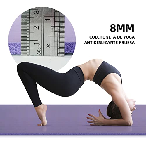 POPYS Esterilla Yoga 10MM Grosor Antideslizante con Correa de Transporte(183x61x1 CM) | Esterilla Yoga y Pilates ligera | Material TPE ecológico (Esterilla Negra) (Esterilla Morada)