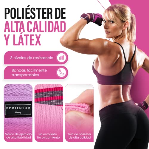 PORTENTUM Cintas elasticas musculacion, Set de 3 Bandas elasticas Fitness Antideslizantes de Tela. 3 Niveles de Resistencia para Crossfit, Yoga, Glúteos y Otros Deportes y Bolsa de Almacenamiento