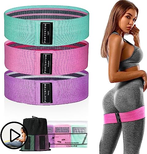 PORTENTUM Cintas elasticas musculacion, Set de 3 Bandas elasticas Fitness Antideslizantes de Tela. 3 Niveles de Resistencia para Crossfit, Yoga, Glúteos y Otros Deportes y Bolsa de Almacenamiento