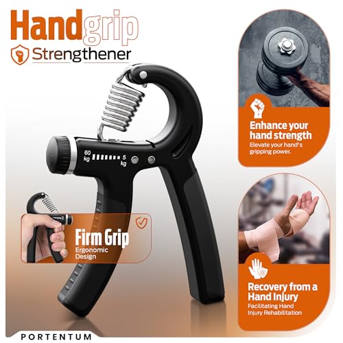 PORTENTUM Hand Grip, Ejercitador de Manos Ajustable de 5-60kg, Fortalecedores de Mano para Entrenar el Agarre, la Fuerza de Los Dedos, la Muñeca, Antebrazo Ejercitar