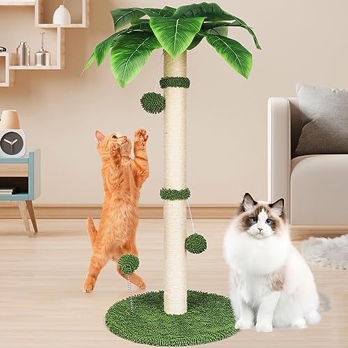 Poste rascador para Gatos de sisal Rascador para Gatos con 4 Bolas Colgantes interactivas y 1 Bola de Resorte Arbol para Gatos con Cuerda De Sisal y Base Premium para entretener a Tus Gatos (65CM)