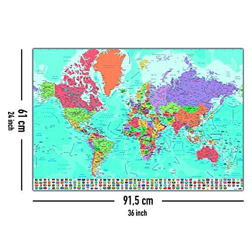 Póster Mapa del Mundo con Banderas y Leyenda - Versión en Español (91,5cm x 61cm) + 2 marcos transparentes con suspención