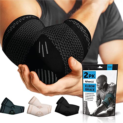 POWERLIX Codera para hombres/mujeres, 2 paquetes de coderas de compresión, codo de tenista, codo de golfista, mangas de soporte para protección deportiva y alivio del dolor, Negra, M