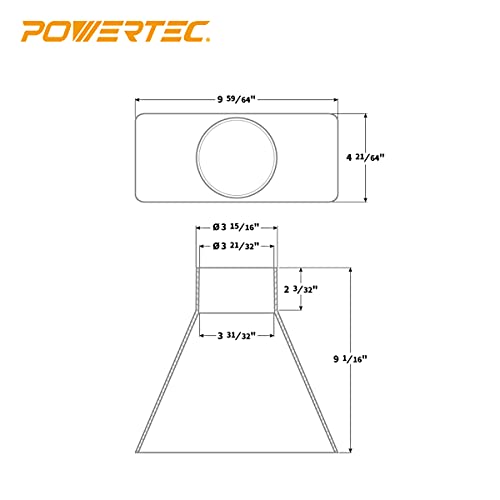 POWERTEC 70151 Capota de polvo de forma rectangular, embudo de 4 pulgadas por 10 pulgadas de ancho para recolección de polvo