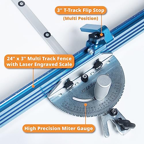 POWERTEC 71391 Sistema de medición de inglete de precisión para sierra de mesa, 24 x 3 pulgadas, valla de múltiples pistas con 27 topes de ángulo