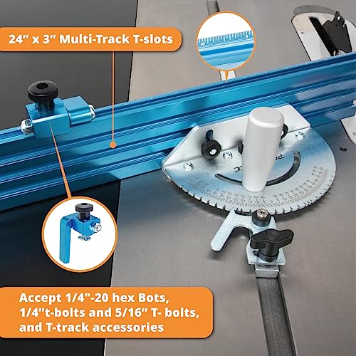 POWERTEC 71391 Sistema de medición de inglete de precisión para sierra de mesa, 24 x 3 pulgadas, valla de múltiples pistas con 27 topes de ángulo