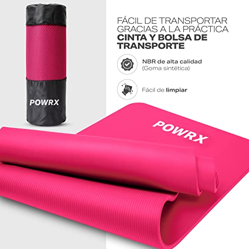 POWRX Colchoneta fitness antideslizante 190 x 60 x 1,5 cm - Esterilla deporte ideal para yoga, pilates y gimnasia - Extra suave - Ecológica con cinta para transporte y funda + Poster (Pink)