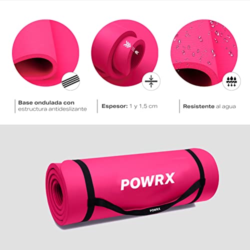 POWRX Colchoneta fitness antideslizante 190 x 60 x 1,5 cm - Esterilla deporte ideal para yoga, pilates y gimnasia - Extra suave - Ecológica con cinta para transporte y funda + Poster (Pink)