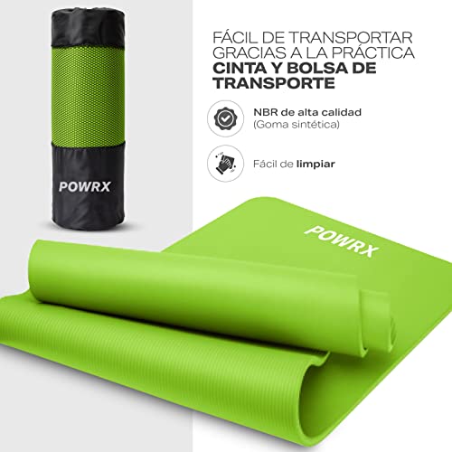 POWRX Colchoneta fitness antideslizante 190 x 80 x 1,5 cm - Esterilla deporte ideal para yoga, pilates y gimnasia - Extra suave - Ecológica con cinta para transporte y funda + Poster (Verde)