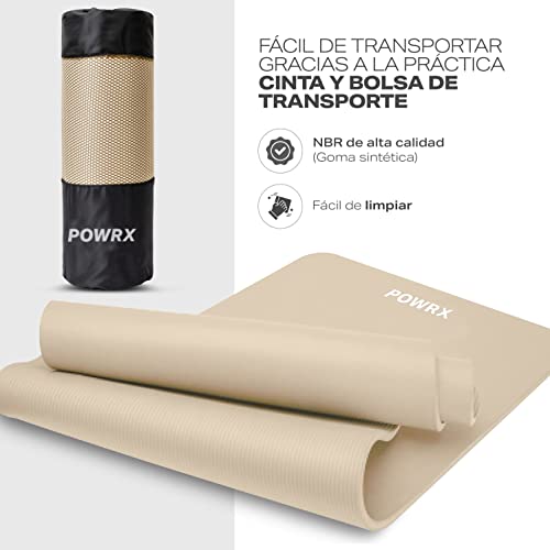 POWRX Colchoneta Fitness Antideslizante - Esterilla deporte ideal para Yoga, Pilates y Gimnasia - Extra Suave - Ecológica con Cinta para Transporte y Funda + Poster (190 x 60 x 1,5 cm, Beige)