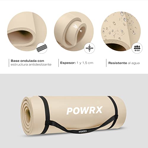 POWRX Colchoneta Fitness Antideslizante - Esterilla deporte ideal para Yoga, Pilates y Gimnasia - Extra Suave - Ecológica con Cinta para Transporte y Funda + Poster (190 x 60 x 1,5 cm, Beige)