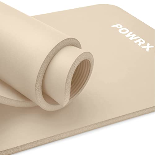 POWRX Colchoneta Fitness Antideslizante - Esterilla deporte ideal para Yoga, Pilates y Gimnasia - Extra Suave - Ecológica con Cinta para Transporte y Funda + Poster (190 x 60 x 1,5 cm, Beige)