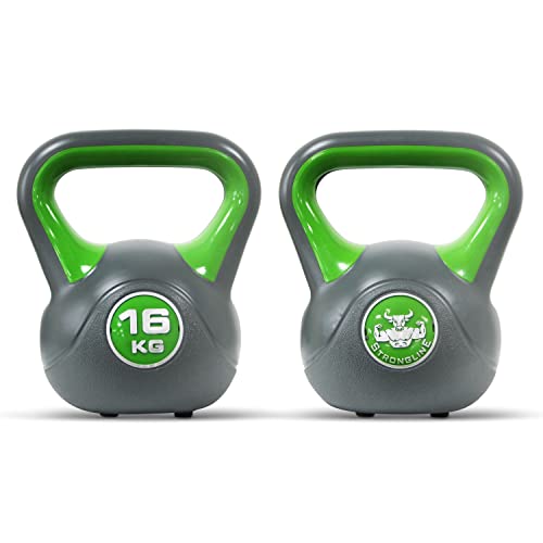 POWRX Kettlebell de hormigón 16 kg - Pesa rusa con revestimiento de vinilo - Base con goma antideslizante + PDF workout (Verde claro)