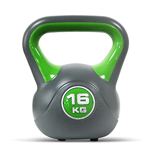 POWRX Kettlebell de hormigón 16 kg - Pesa rusa con revestimiento de vinilo - Base con goma antideslizante + PDF workout (Verde claro)