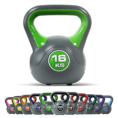 POWRX Kettlebell de hormigón 16 kg - Pesa rusa con revestimiento de vinilo - Base con goma antideslizante + PDF workout (Verde claro)