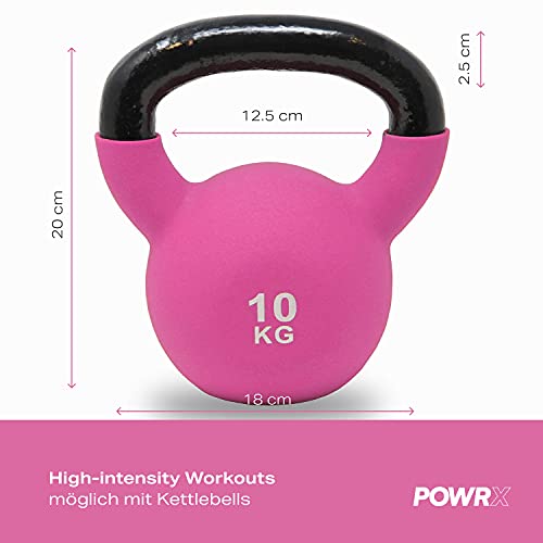 POWRX Kettlebell Hierro Fundido 10 kg - Pesa rusa con revestimiento de neopreno + PDF Workout (Pink)