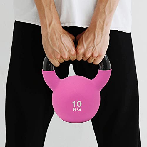 POWRX Kettlebell Hierro Fundido 10 kg - Pesa rusa con revestimiento de neopreno + PDF Workout (Pink)