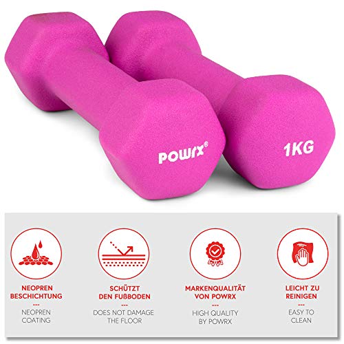 POWRX Mancuernas hexagonales Neopreno 0,5-10 kg - Ideales para Ejercicios en casa y Gimnasio - Peso y Color a Elegir + PDF Workout, gimnasio en casa