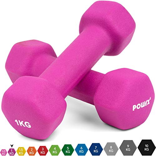 POWRX Mancuernas hexagonales Neopreno 0,5-10 kg - Ideales para Ejercicios en casa y Gimnasio - Peso y Color a Elegir + PDF Workout, gimnasio en casa