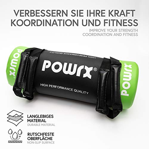 POWRX Sandbag 15 kg Mejorar Equilibrio, Fuerza y coordinación - Power Bag con Cuatro agarres + PDF Workout (Verde Claro)