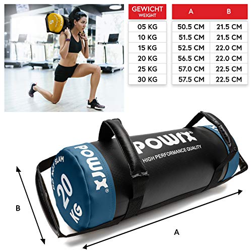 POWRX Sandbag 20 kg Mejorar Equilibrio, Fuerza y coordinación - Power Bag con Cuatro agarres + PDF Workout (Azul)