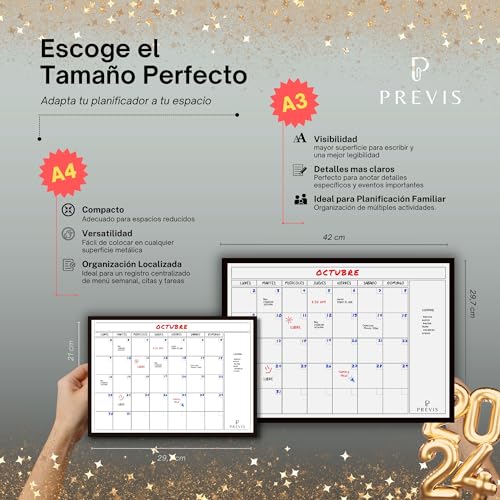 Previs Pizarra Magnetica Nevera A4 - Calendario Magnetico con Lista Compra Nevera - Calendario Nevera Iman y Pizarra para Cocina - Planificador Mensual Magnetico