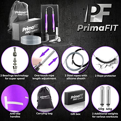 PrimaFIT Pro Speed Cuerda Saltar, Comba Crossfit Hombre y Mujer de Alta Velocidad para Boxeo y Fitness - Mango de Aluminio, Autoajustable, Rodamientos de Rápidos, 2 Lastres, Cable de Repuesto, Bolsa