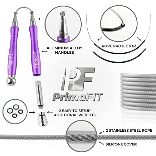 PrimaFIT Pro Speed Cuerda Saltar, Comba Crossfit Hombre y Mujer de Alta Velocidad para Boxeo y Fitness - Mango de Aluminio, Autoajustable, Rodamientos de Rápidos, 2 Lastres, Cable de Repuesto, Bolsa