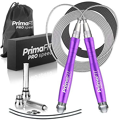 PrimaFIT Pro Speed Cuerda Saltar, Comba Crossfit Hombre y Mujer de Alta Velocidad para Boxeo y Fitness - Mango de Aluminio, Autoajustable, Rodamientos de Rápidos, 2 Lastres, Cable de Repuesto, Bolsa