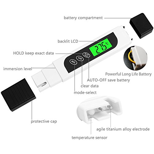 Probador de la calidad del agua, medidor de TDS exacto, pluma de prueba de temperatura del medidor EC con pantalla LCD retroiluminada para agua potable, hidroponía, piscinas, acuarios