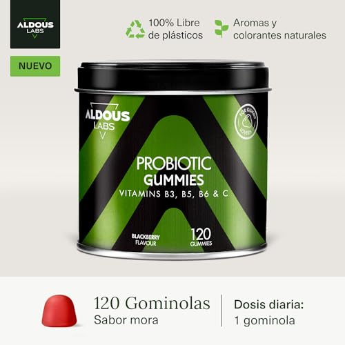 Probióticos Intestinales Gominolas | 120 Gummies sabor natural a Mora | Flora intestinal, Gases, Hinchazón | Bifidobacterium, Lactobacillus, Vitamina C, B3, B5, B6 | Para los amantes de las gominolas