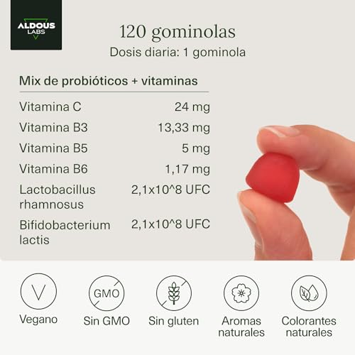 Probióticos Intestinales Gominolas | 120 Gummies sabor natural a Mora | Flora intestinal, Gases, Hinchazón | Bifidobacterium, Lactobacillus, Vitamina C, B3, B5, B6 | Para los amantes de las gominolas