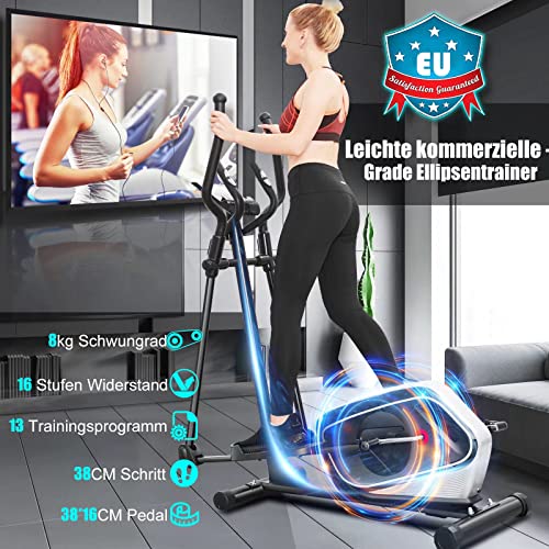 Profun Bicicleta Elíptica 16 Niveles Resistencia Control Electrónico, Elíptica con 16 libras Volante Inercia , Medición de Pulso,Conexión con App,Monitor LCD,Carga máxima: 200kg