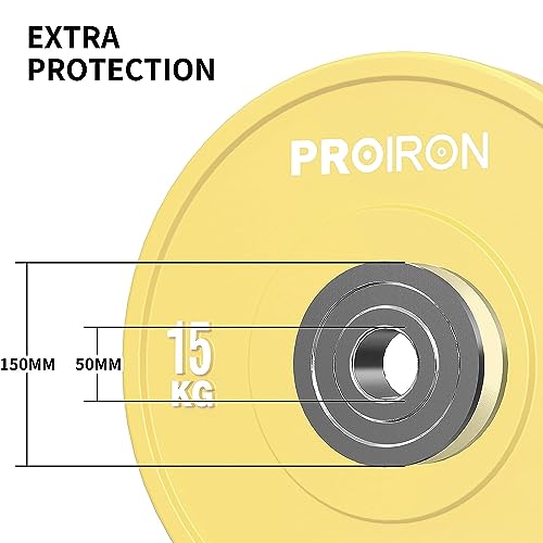 PROIRON Discos de Pesas de Goma, 50mm de Diámetro, Olímpico Discos de 5-25KG, Material de Caucho Endurecido, Resistente a los golpes, Abertura de 51 mm con Anillo Interior de Acero, 15kg*1