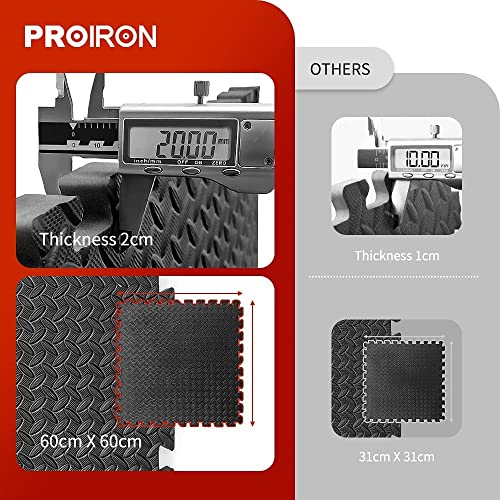 PROIRON Extra Grueso 2cm Estera Protectora de Suelo, Esterilla Puzzle 60x60cmx6 Piezas Gimnasio Suelos para Fitness, Gym, Garaje, Goma Espuma EVA, Fácil Limpieza y con Bordes incluidos, Negro