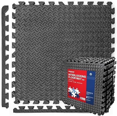 PROIRON Extra Grueso 2cm Estera Protectora de Suelo, Esterilla Puzzle 60x60cmx6 Piezas Gimnasio Suelos para Fitness, Gym, Garaje, Goma Espuma EVA, Fácil Limpieza y con Bordes incluidos, Negro