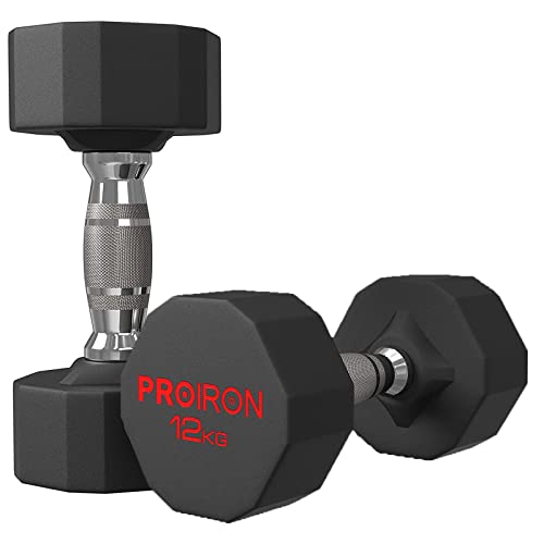 PROIRON Mancuernas Hexagonal 12kg*2 - Pesas de acero recubiertas de goma para musculación, levantamiento de pesas, entrenamiento (Vendo par o solo)