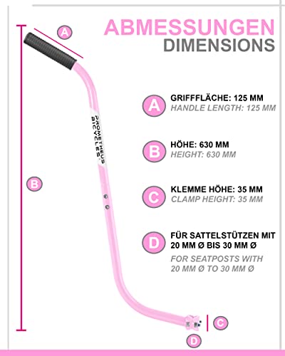 Prometheus - Barra de empuje para bicicleta infantil, divisible, 3 piezas, antideslizante, estable, ayuda de aprendizaje para bicicleta, color rosa | Edición 2023