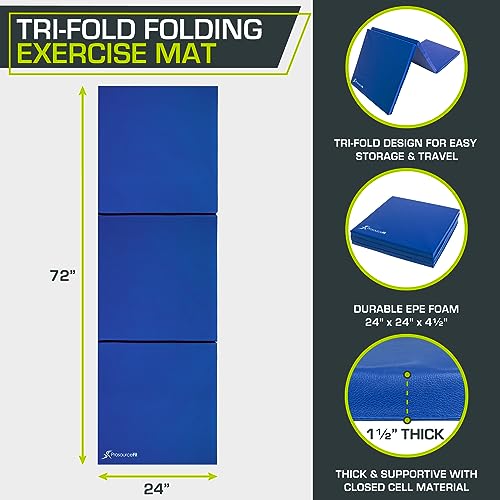 ProsourceFit Tri-Fold Folding Exercise Mat with Carrying Handles, 6-Feet Length x 2-Feet Width x 1.5-Inch Thickness, Blue