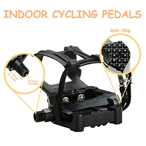 PROVO 1 Par Pedales de Bicicleta estática de 9/16 Pulgadas con Clip y Correas para Punta, Pedales de Ciclismo Nylon, Pedal híbrido para Bicicletas de Gimnasio de Interiores y Bicicletas de Spinning