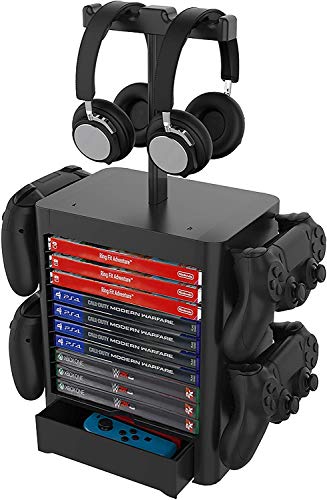 PS5 / Xbox Series X/Switch Soporte de torre de almacenamiento de disco de juegos multifuncional para PS5, Rack de disco de juego y controlador/Soporte para auriculares para PS5 / Xbox X Negro