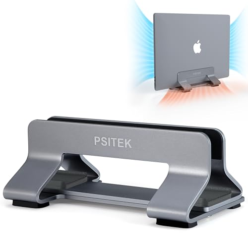 Psitek Soporte Vertical para Ordenador Portátil de Aluminio, Almacenamiento Vertical Ahorrador de Espacio para Todas Las MacBooks y Laptops, Ancho de Ranura Ajustable 10-42mm,Versión 2023