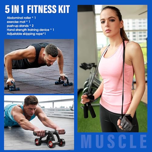 Pushup Bar, Ejercicio En Casa Kit, 4 Ruedas Rodillo Abdominales+Barra para Flexiones+Cuerda para Saltar+Mat+Fortalecedores de Manos, Para Entrenamiento en Casa Ejercicios Fitness